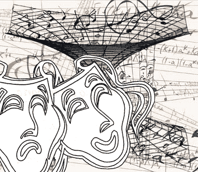 maschere di teatro che guardano un  cono con note musicali disegnate