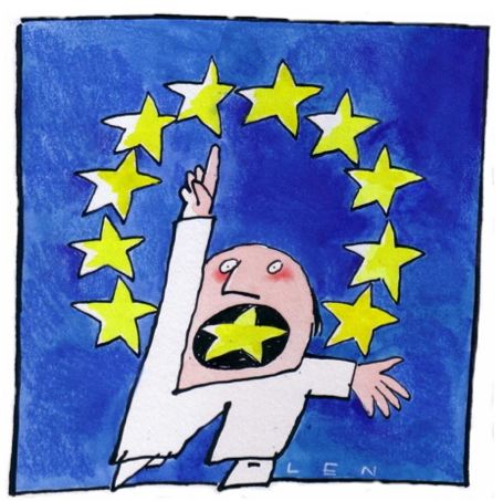 logo unione europea con uomo che apre la bocca per parlare. Dentro a bocca stella del logo