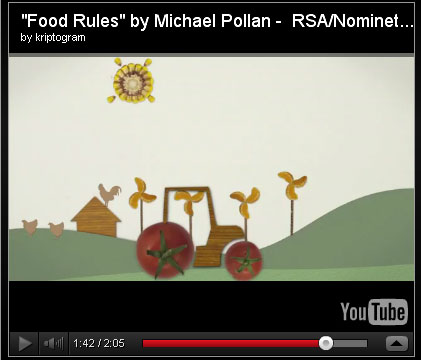 immagine del video di Michael pollan sul cibo, campagna disegnata con alimenti