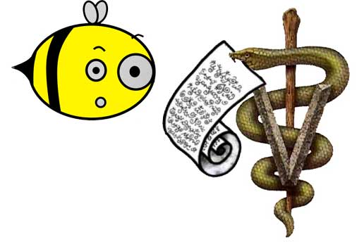 Serpente del logho dei veterinari che fa vedere scartofie ad un ape perplessa