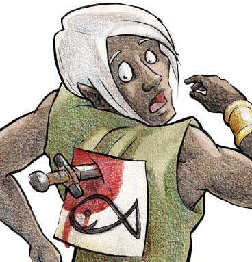 donna con pesce d'aprile acoltellato nella schiena