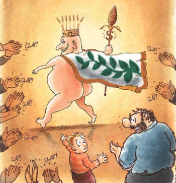 uomo incoronato nudo con simbolo monsanto e mais d'oro