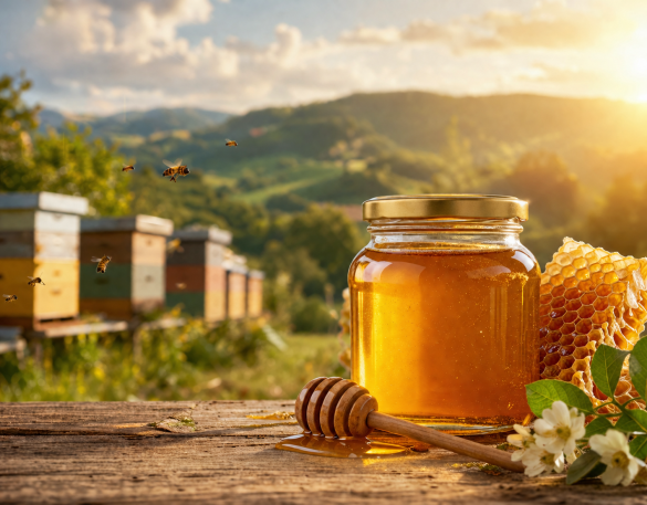 Vaso di miele dorato con spargimiele e favo in primo piano su un tavolo di legno. Sullo sfondo, un apiario, immerso in un paesaggio collinare al tramonto. Alcune api sono in volo attorno agli alveari, richiamando la produzione di miele di alta qualità.